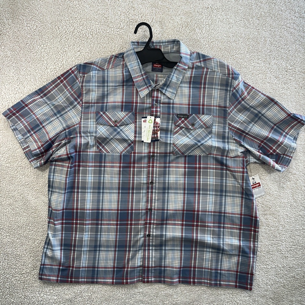 NWT 3XL Wrangler Plaid Outdoor Moisture Wicking 2 Way Stretch UPF 40+ SS Shirt
